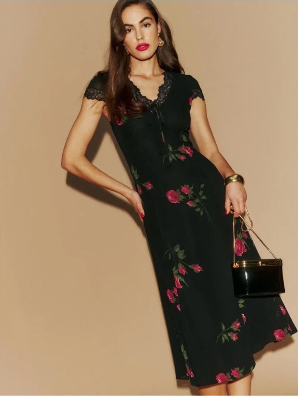 Reformation Black Midi Dress with Pink Rose Print and Lace Trim